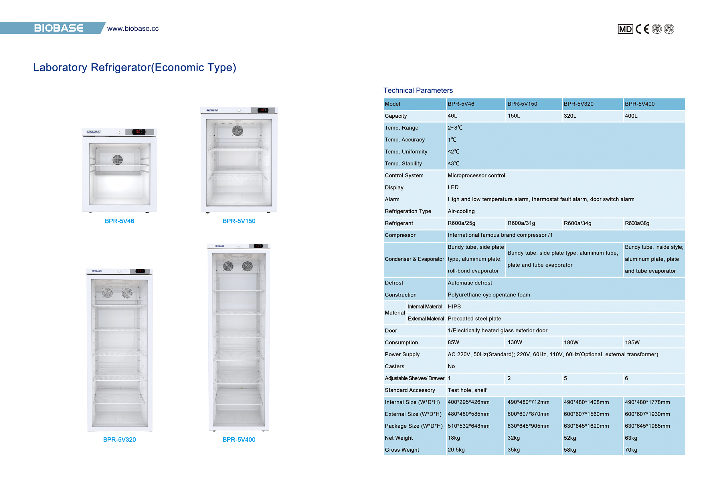 실험실 냉장고 (경제 유형) BPR-5V46 BPR-5V150 BPR-5V320 BPR-5V400