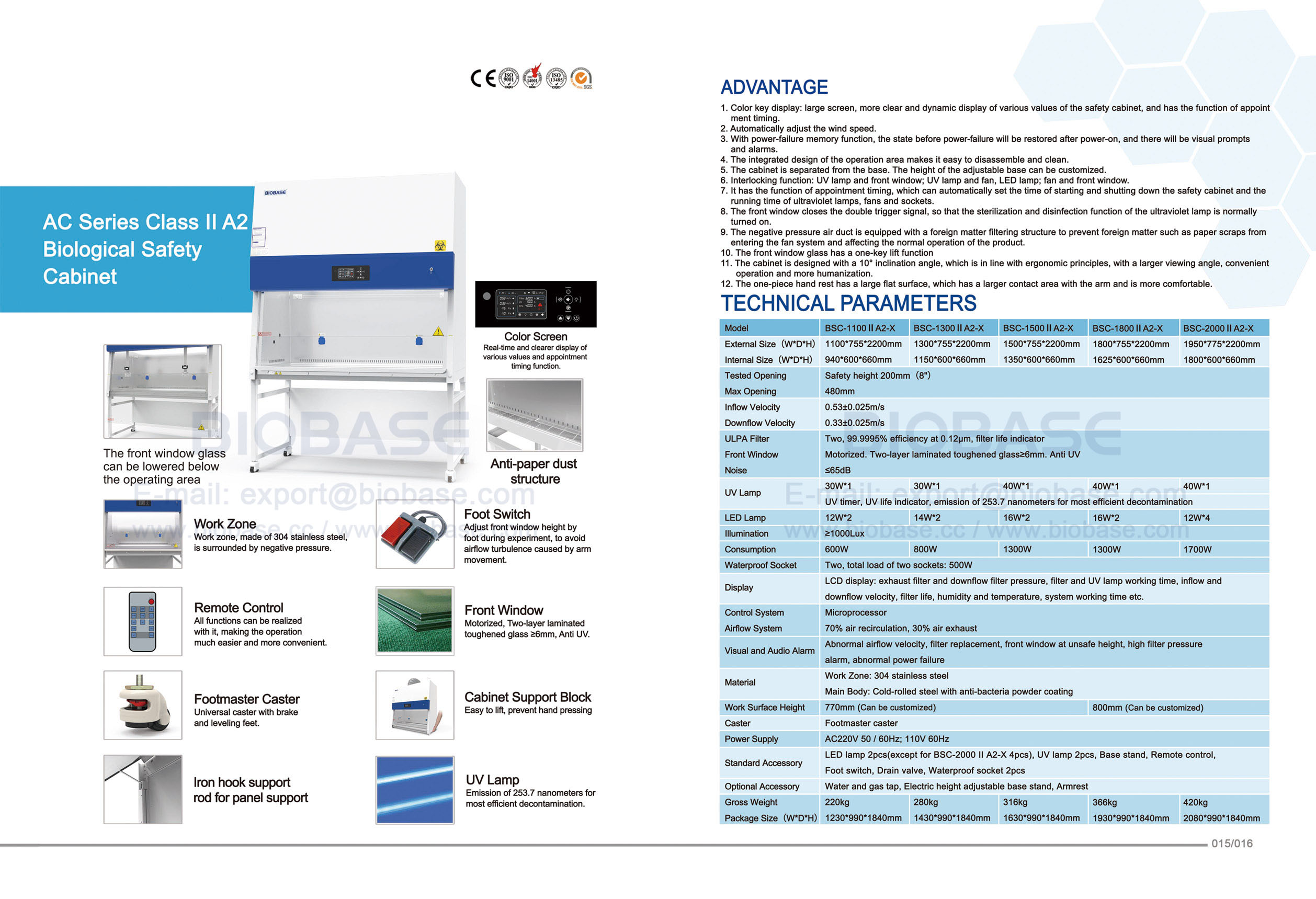 15-16 AC 시리즈 Class II A2 생물학적 안전 캐비닛 BSC-1100 II A2-X & BSC-1300 II A2-X & BSC-1300 II A2-X & BSC-1800 II A2-X & BSC-2000 II A2-X