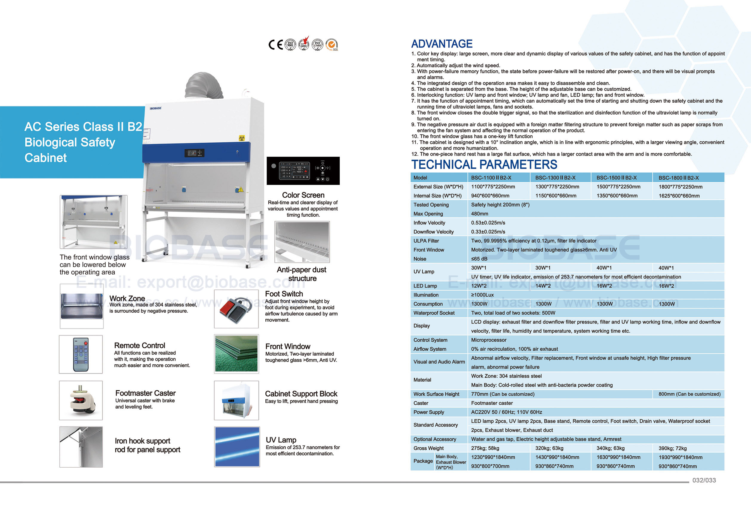 32-33 AC 시리즈 Class II B2 생물학적 안전 캐비닛 BSC-1100 II B2-X & BSC-1300 II B2-X & BSC-1500 II B2-X & BSC-1800 II B2-X