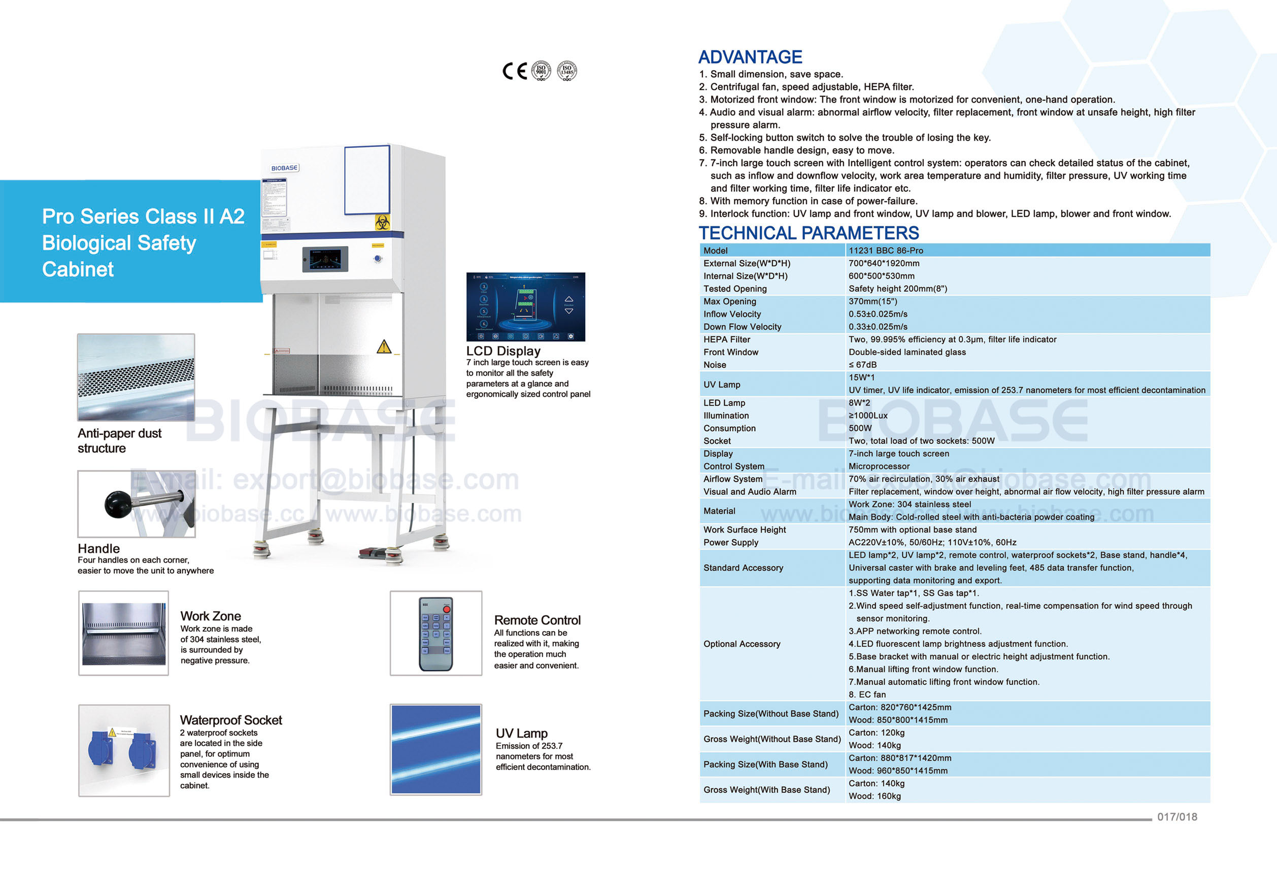 17-18 Pro Series Class II A2 생물학적 안전 캐비닛 11231 BBC 86-Pro