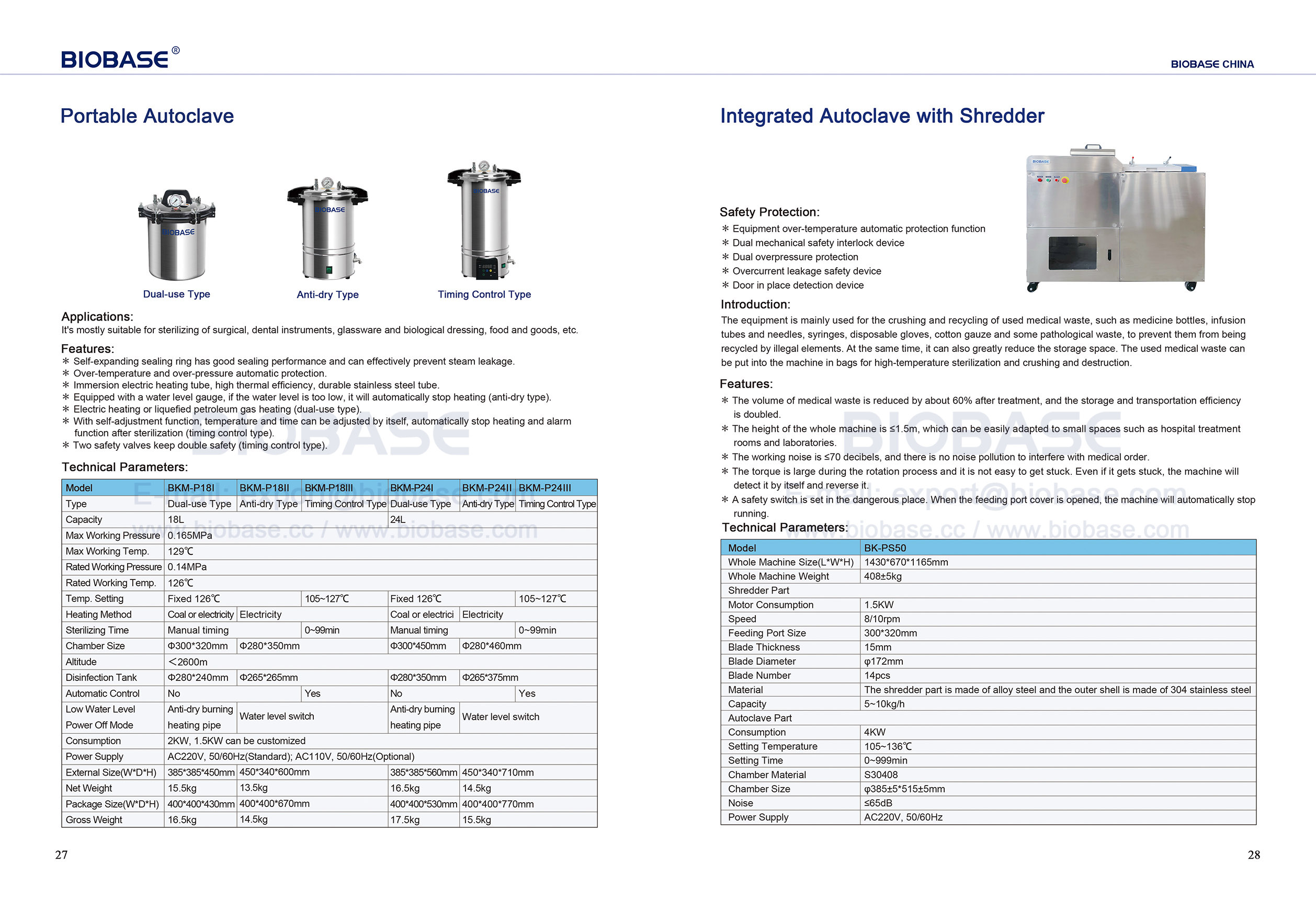 27-28 파쇄기를 갖춘 휴대용 오토클레이브 및 통합 오토클레이브